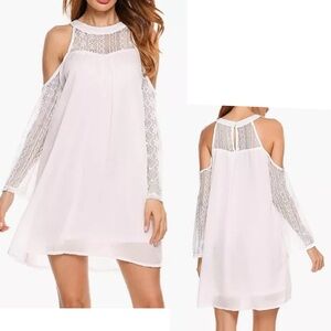 NWT Women's Cold Shoulder Chiffon Mini Patchwork loose Casual dress SIZE L